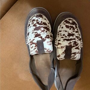 Brown and White Cow Print Slip-On Shoes